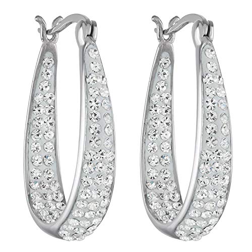 Savlano Inside Out Oval Shape Crystal Hoop Earrings For Women & Girls (White Gold)