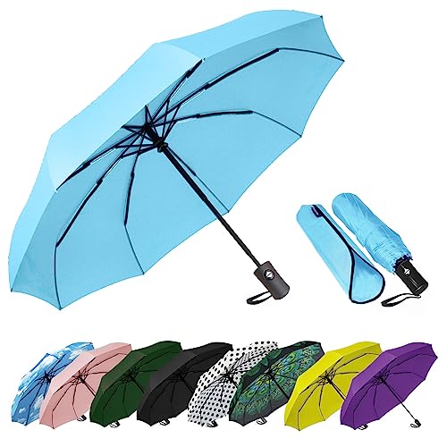 SIEPASA Windproof Travel Compact Umbrella-Automatic Umbrellas for Rain-Compact Folding Umbrella, Travel Umbrella Compact, Small Portable Windproof Umbrellas for Men Women Teenage.(Light Blue)