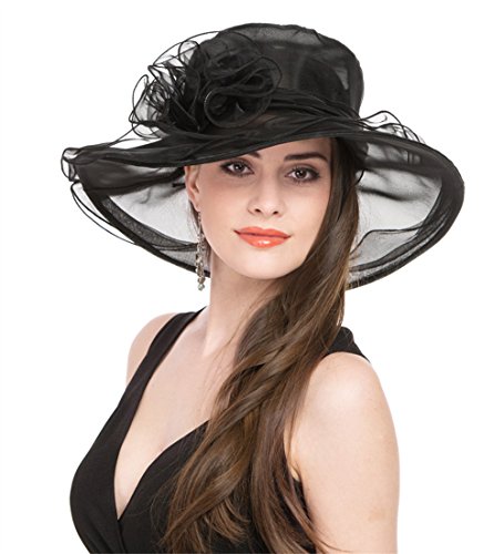 SAFERIN Women Kentucky Derby Church Dress Organza Hat Wide Brim Flat Hat Black