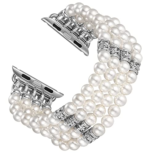 fastgo Compatible With Pearl Apple Watch Bands 38mm 40mm 41mm Women, Fancy Elastic Beaded Pearl Replacement Band Bracelet for Iwatch Series SE & Series 9 Ultra 8/7/6/5/4/3/2/1 (White-38/40/41mm)