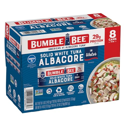 Bumble Bee Solid White Albacore Tuna in Water 5 oz Can (Pack of 8) - Wild Caught Tuna - 29g Protein per Serving - Non-GMO Project Verified Gluten Free Kosher - Great for Tuna Salad & Recipes