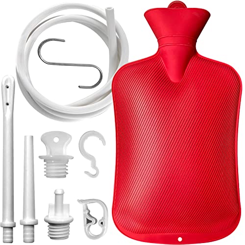 Enema Bag 2L Home Enema Kit with 2 Enema Tips,60 inch Long Silicone Hose, Controlable Water Flow Valve, Hot-Water Bottle for Colon Cleansing Enemas for Women/Men（Red）