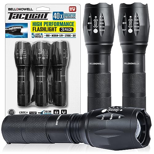 TacLight 3 Pk Tactical Flashlights High Lumens, Super Bright Led Flashlights, Zoomable Heavy Duty Waterproof Flash Lights Battery Powered Small Flashlights for Emergencies/Camping AS SEEN ON TV…