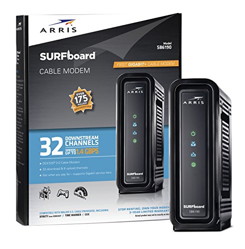 ARRIS SURFboard SB6190 DOCSIS 3.0 32 x 8 Gigabit Cable Modem , Comcast Xfinity, Cox, Spectrum , 1 Gbps Port , 800 Mbps Max Internet Speeds , Easy Set-up with SURFboard Central App , Black
