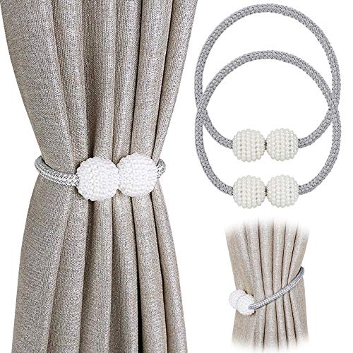 Pinowu [2 Pack] Magnetic Curtain Tiebacks Convenient Drape Tie Backs,Pearl Decorative Rope Holdback Holder for Small, Thin or Sheer Window Drapries (Gray)