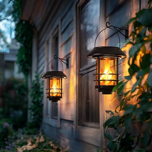 Otdair Solar Wall Lantern Outdoor, Flickering Flames Solar Sconce Lights Outdoor, Hanging Solar Lamps Wall Mount for Front Porch, Patio and Yard, 2 Pack