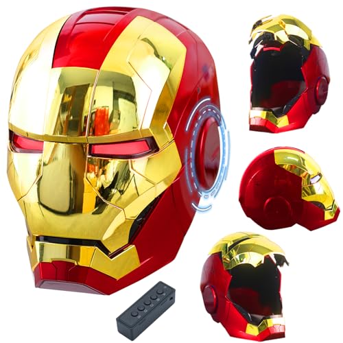 Polyacer Iron-mans Helmet Electronic MarK 5 Helmet Gold Voice Control/Sensing/Remote Control Open/Close With Sounds & LED Eyes Light Up Super Hero Movie 1:1 model Prop For Halloween Christmas Gift.