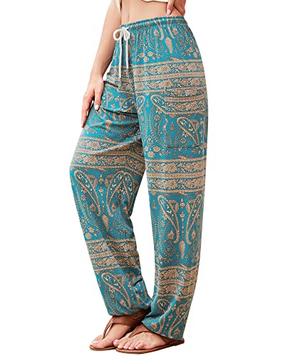 QIANXIZHAN Women's Harem Pants, Hippie Palazzo Pants Boho Joggers Yoga Clothes with Pockets Cyan Flower S