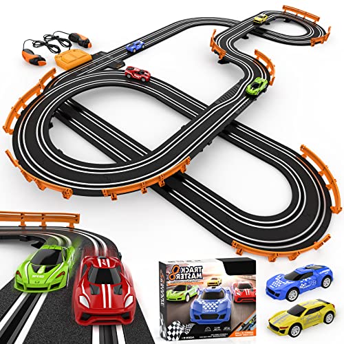 Wupuaait Slot Car Race Track Sets with 4 High-Speed Slot Cars, Battery or Electric Car Track, Dual Racing Game Lap Counter Circular Overpass Track, Gifts Toys for Boys Kids Age 6 7 8-12