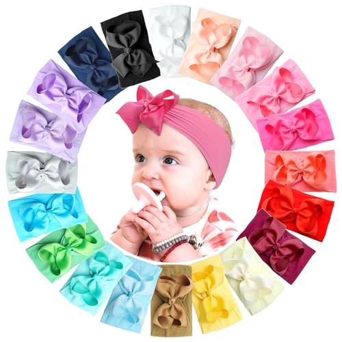 CÉLLOT 20 Colors Baby Girl Headbands with 4.5 Inches Hair Bows Nylon Turban Head Wraps Headbands for Newborn Infants and Toddlers