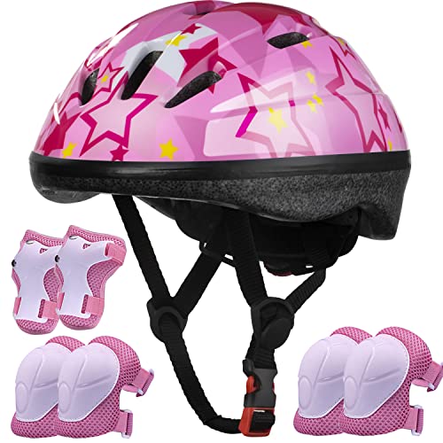 Kids Bike Helmet with Knee Pads, Elbow Pads, Wrist Guards - Adjustable, Ages 3-8 - For Cycling, Skating, Skateboard (Pink Star)