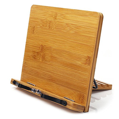 wishacc Bamboo Book Stand, Adjustable Book Holder Tray and Page Paper Clips-Cookbook Reading Desk Portable Sturdy Lightweight Bookstand-Textbooks Books