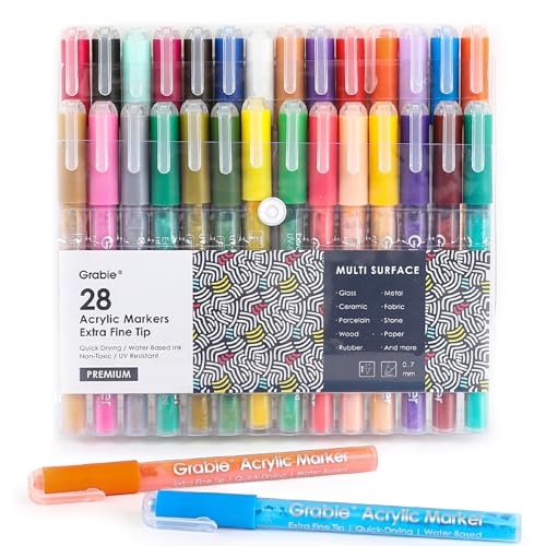 Grabie Acrylic Paint Pens - 28 Color Extra Fine Tip Markers for Painting Various Surfaces - Premium Art Supply Set