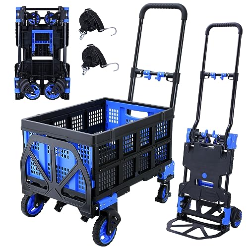 2-in-1Folding Hand Truck Dolly with Folding Basket, 330LBS Capacity handtruck,Dolly with Retractable Handle,Hand Truck Foldable Dolly with 4 Wheels,Foldable Hand cart