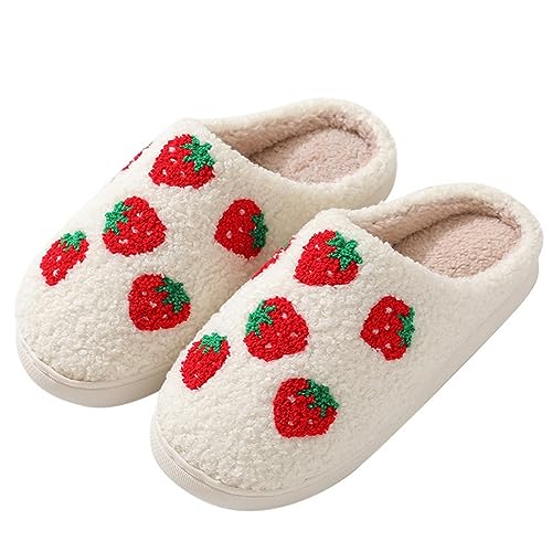 Women Slippers Cute Pattern Strawberry Slippers Warm Soft Bedroom Shoes Fuzzy Closed Toe Sandals Non Slip House Bedroom Slippers