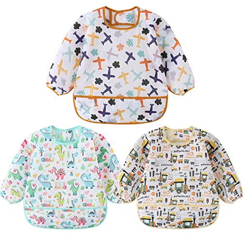 HaimoBurg 3 Pcs Waterproof Long Sleeves Baby Bibs Weaning Smock Bib 3-24 Months