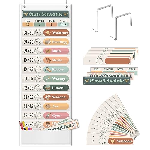 Godery Boho Daily Schedule Pocket Chart for Classroom with 24 Cards，Welcome Back to School Classroom Decorations, White