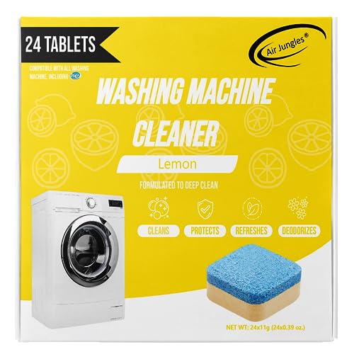 Air Jungles Washing Machine Cleaner Tablets 24 Count, Lemon Scent, Deep Cleaning, Dirt Remover, Clean Laundry Washer Drum and Tub, Compatible with Front and Top Load Washer, 12 Month Supply