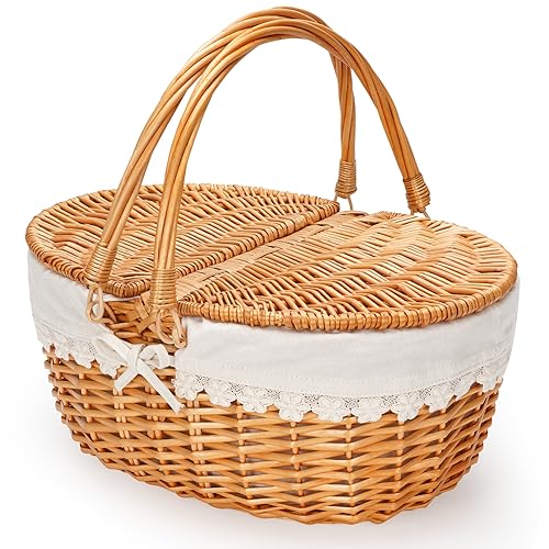 Wicker Picnic Basket with Removable Liner, Empty Picnic Baskets with Lid, Vintage-Style Picnic Hamper with Folding Woven Handle for Picnic, Camping, Outdoor, Halloween, Thanks Giving, Birthday (Cream)