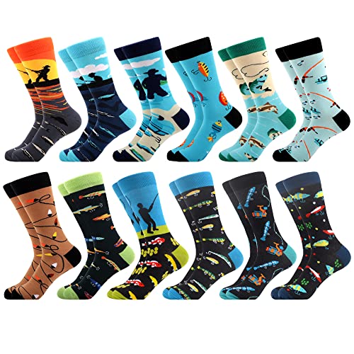 WeciBor Men's Dress Cool Colorful Fancy Novelty Funny Casual Combed Cotton Crew Fishing Socks - 12 Pack - Size 10-13