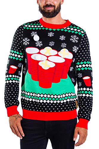 Tipsy Elves Beer Pong Men's Ugly Christmas Sweater Cheer Pong Funny Black Interactive Game Tacky Holiday Pullover Size L