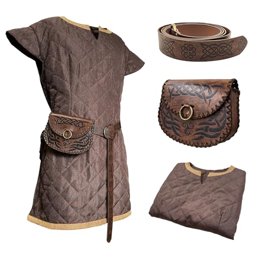 HiiFeuer Medieval Costume Tunic, With Vintage Belt and Bag, Mercenary Knight Body Cloth Armor, Renaissance LARP Cosplay Set for Ren Faire Halloween (Brown L)