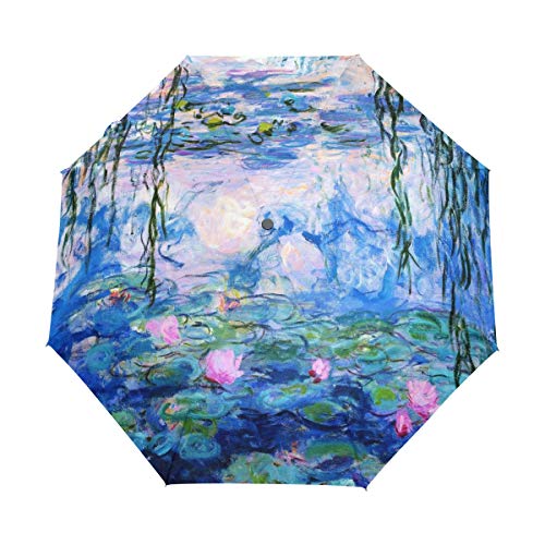 ALAZA Monet Claude Water Lilies Oil Painting Travel Umbrella Auto Open Close Windproof Waterproof Folding Umbrella Compact Canopy Easy Carrying