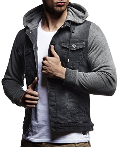 Leif Nelson Men's Sweat Jacket | Vintage Denim Jacket for Men | Slim-Fit Long Sleeve Hooded Denim Jacket, M