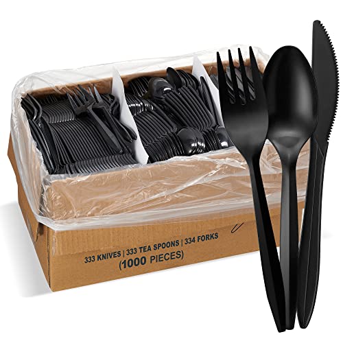 1,000 Plastic Disposable Cutlery Bulk Variety Pack Black Medium Weight Includes 334 forks, 333 knives, 333 soup spoons, Disposable Silverware Plastic Cutlery
