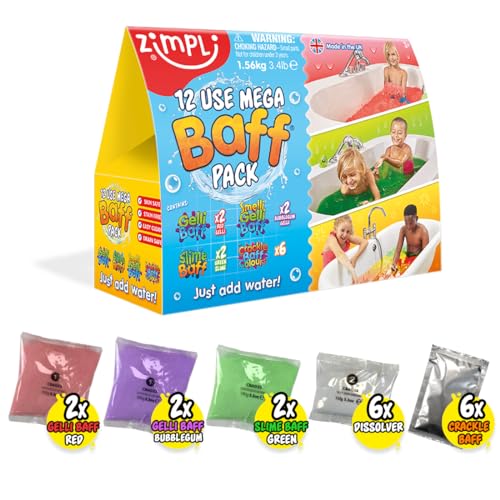 12 Use Mega Value Baff Pack from Zimpli Kids, 4 x Gelli Baff, 2 x Slime Baff & 6 x Crackle Baff, Children's Sensory & Bath Toy, Birthday Presents for Boys & Girls, Certified Biodegradable Gift