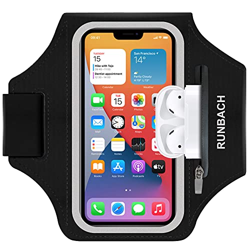 RUNBACH Armband for iPhone 15/15 Pro/14/14 Pro/13/13 Pro/13 Mini/12/12 Pro/12 Mini/11/11 Pro/XR/XS/X/SE/8/7/6,Water Resistant Sport Armband with Zipper Slot for Airpods and Car Key (Black)