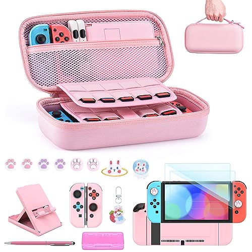 innoAura Switch Case for NS Switch 18 in 1 Switch Accessories Bundle with Switch Carrying Case, Switch Game Case, Switch Screen Protector, Switch Stand, Switch Thumb Grips (Pink)