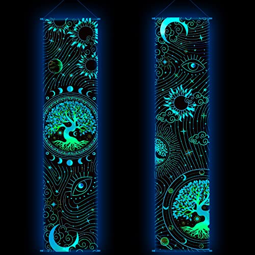 Tiamon 2 Pieces Black Light Art Wall Decor Trippy Blacklight Tapestry UV Reactive Tapestry Poster Banner Aesthetic Room Hanging Backdrop for Hippie Bedroom Home Decoration(Tree of Life)