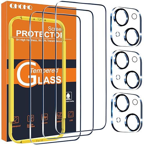 QHOHQ 3 Pack Screen Protector for iPhone 15 [6.1 Inch] with 3 Pack Camera Lens Protector, Tempered Glass Film, HD Clear, 9H Hardness, No Bubbles, Case Friendly