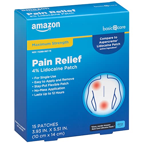 Amazon Basic Care Maximum Strength OTC Pain Relief , 4% Lidocaine Patch, 3.9” x 5.5”, 15-Count Box (Previously HealthWise)
