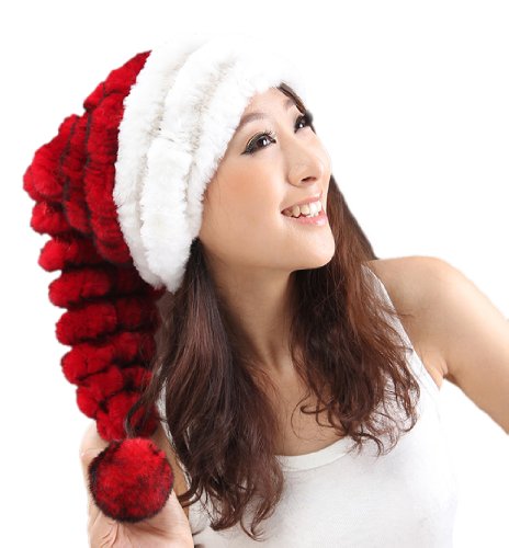 URSFUR Rex Rabbit Fur Christmas Hats Novelty Funny Santa Caps Winter Plush Beanie Pompom Merry Christmas Whiter/Red