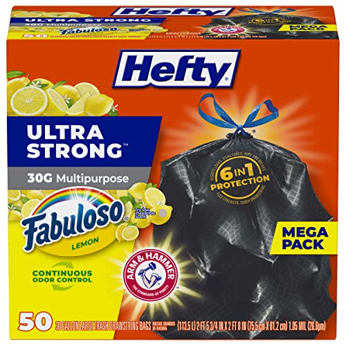 Hefty Ultra Strong Multipurpose Large Trash Bags, Black, Fabuloso Lemon Scent, 30 Gallon, 50ct