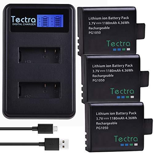 Tectra 3-Pack PG1050 Rechargeable Action Camera Battery and LCD Dual Charger for 4k Action Camera AKASO EK7000, Brave 4, Dragon Touch 4K, APEMAN, EKEN, Campark, SOOCOO, DBPOWER, Crosstour