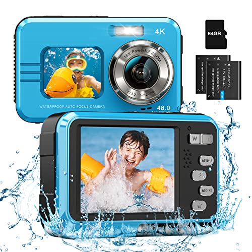 4K Waterproof Camera Underwater Camera 64GB Card Included in the Adapter Dual Screens Selfie 48MP 16X Digital Zoom Digital Camera Fill Light 11FT Underwater Camera for Snorkeling Kids with 2 Batteries