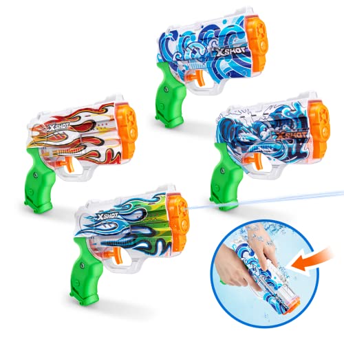X-Shot Water Fast-Fill Skins Nano (4 Pack) by ZURU Refresh Watergun, XShot Water Toys, 4 Blasters Total, Fills with Water in just 1 Second! (Hydra, Waves, White Flame, Emerald Flame)