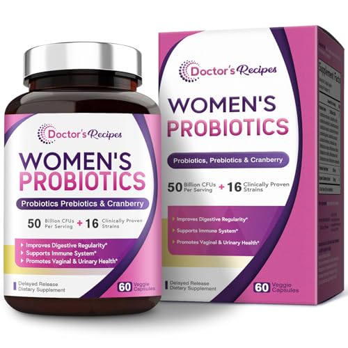 Doctor's Recipes Women’s Probiotic, 60 Caps 50 Billion CFU 16 Strains, with Organic Cranberry, Digestive Immune Vaginal & Urinary Health, Shelf Stable, Delayed Release, No Soy Gluten Dairy