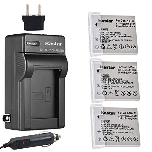 Kastar Battery (3-Pack) and Charger Kit for Canon NB-4L, CB-2LV work with Canon PowerShot SD40, SD30, SD200, SD300, SD400, SD430, SD450, SD600, SD630, SD750, SD780 IS, SD940 IS, SD960 IS, SD1000, SD1100 IS, SD1100 IS, SD1400 IS, TX1, ELPH 100 HS, ELPH 300 HS, ELPH 310 HS, ELPH 330 HS, VIXIA mini Cameras