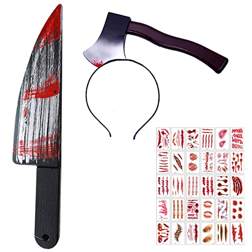 DASDSA Chucky Costumes Fake Knife with Fake Blood,Halloween Michael Myers Purge Weapon Prop and Fake Axe with Fake Blood Headband Add 30PCS Stickers