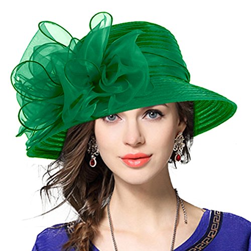 VECRY Lady Derby Dress Church Cloche Hat Bow Bucket Wedding Bowler Hats (Green)