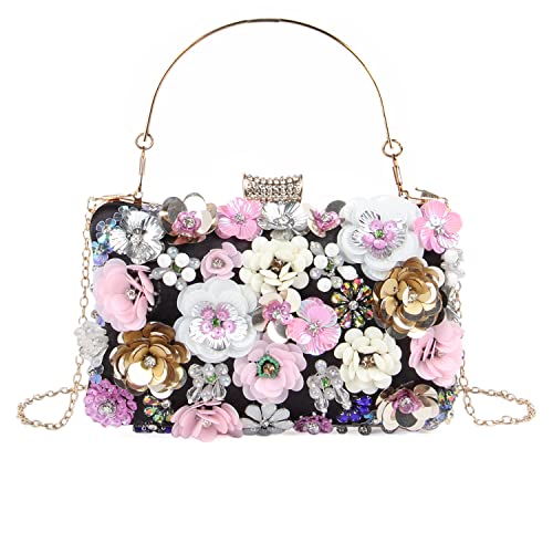 Fecialy Women's Floral Evening Handbags Colorful Rhinestone Clutch Purses Floral Bride Wedding Handbag Chain Shoulder Bag