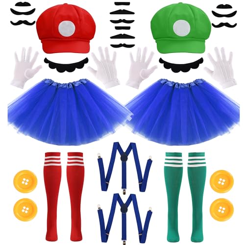 PIIDUOO Super Bros Mary & Luigi Costume for Adults Women Hats Mustache Gloves Accessories Kit for Girls Kids Halloween Cosplay