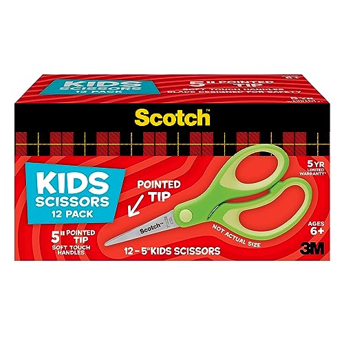 Scotch 5' Soft Touch Blunt Tip Kids Scissors, 12 Count Teacher’s Pack, Green, All-Purpose Scissors for School and Crafts (1442P-12)
