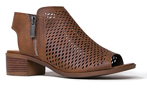 J. Adams Tracy Perforated Flat Bootie - Casual Open Toe Low Heel - Cut Out Shoe, Light Brown, 7.5