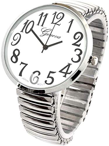 Blekon Collections Silver Super Large White Face Case Size 43mm EXTRA LARGE Stretch Band Japanese Movement PC21J Fashion Watch