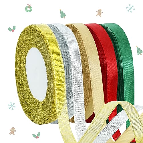 TONIFUL 5 Colors Christmas Ribbon, 3/8 Inch x 125 yds Satin Ribbon Rolls, Red Gold Green Gold-Glitter Silver-Glitter Thin Ribbon Sets, for Gift Wrapping Ornaments Hanging Christmas Tree Decorations